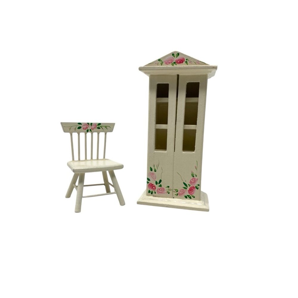 Vintage 2 Piece Dollhouse Furniture White Wood‎ w/Pink Roses Armoire & Chair